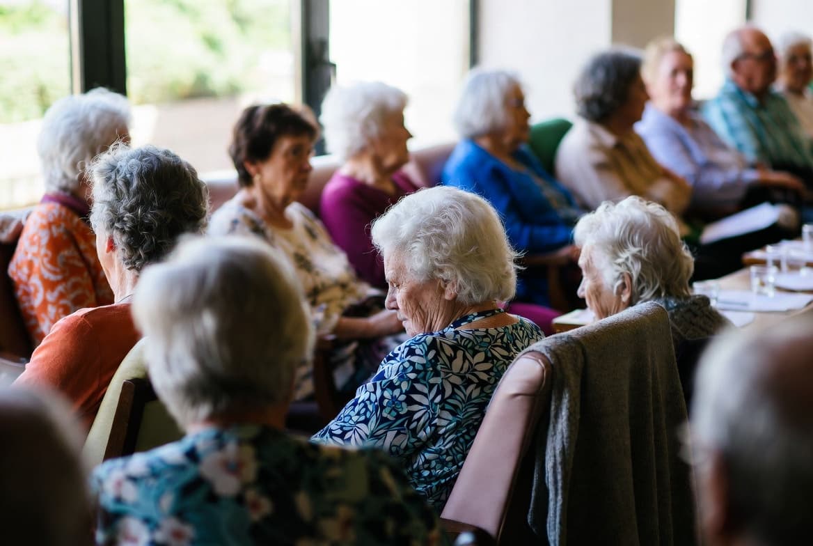 Tablée de résidents attentifs pendant la conférence